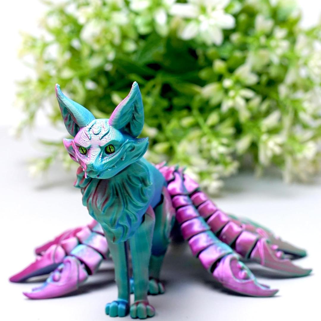 3D Printed Nine tailed fox Model,Flexible Realistic Articulated Animal Fidget Toys,Mystery Figurines Gifts for Easter,Executive Desk Funny Dcor and Festival Collectible,Easter Basket Stuffers (PG)