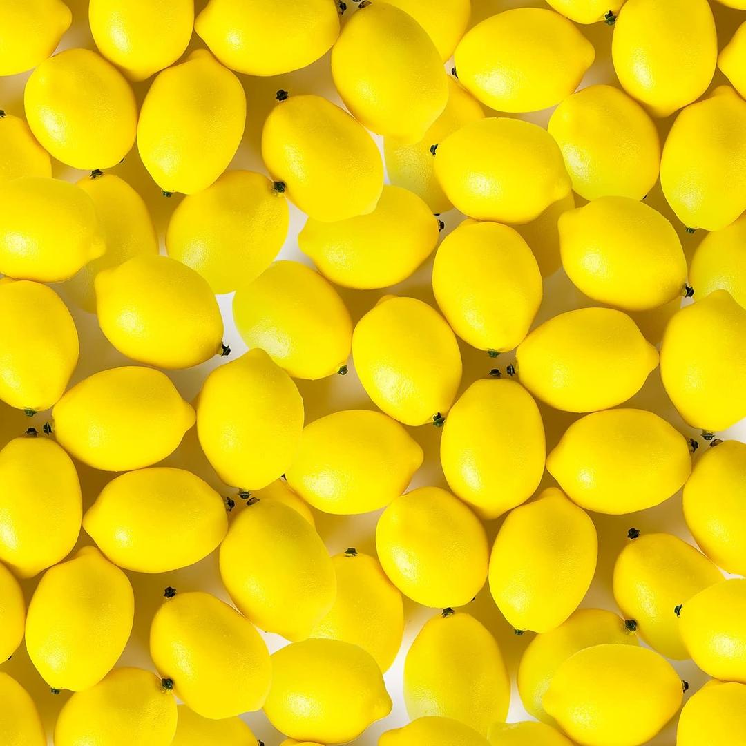 Cindeer Fake Lemons Fake Fruit Faux Yellow Lemon Decor Lifelike Simulation Artificial Fruit for Party Table Summer Kitchen Vase Filler Wreath Garland Photography Decoration(3.1 x 2.1 Inch,100 Pcs)