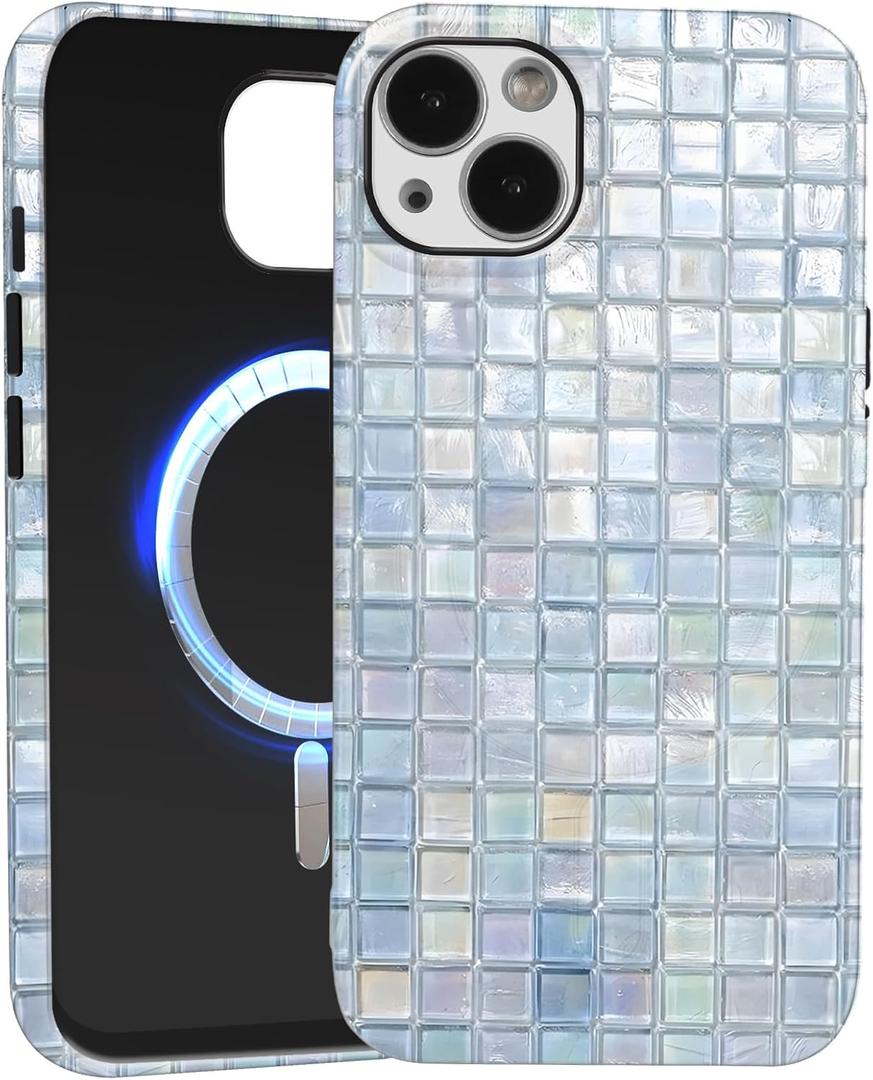 for iPhone 15 Mosaic Stained Glass Phone Case, Cute Aesthetic Plaid Cover for Women Girls Men, Magnetic Trendy Slim Fit Silicone Scratch-Resistant Shockproof Protection Cover - Light Blue Lattice