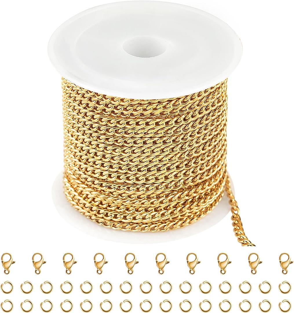 Jabogrii 16.4 Feet Gold Stainless Steel Chain for Jewelry Making Oval Curb Cuban Jewelry Making Chains with Lobster Clasps and Open Jump Rings