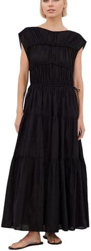 calbatic Women Pleated Ruched Tiered Maxi Dress Sleeveless Patchwork Ruffle Hem A Line Flowy Summer Elegant Long Dress,M