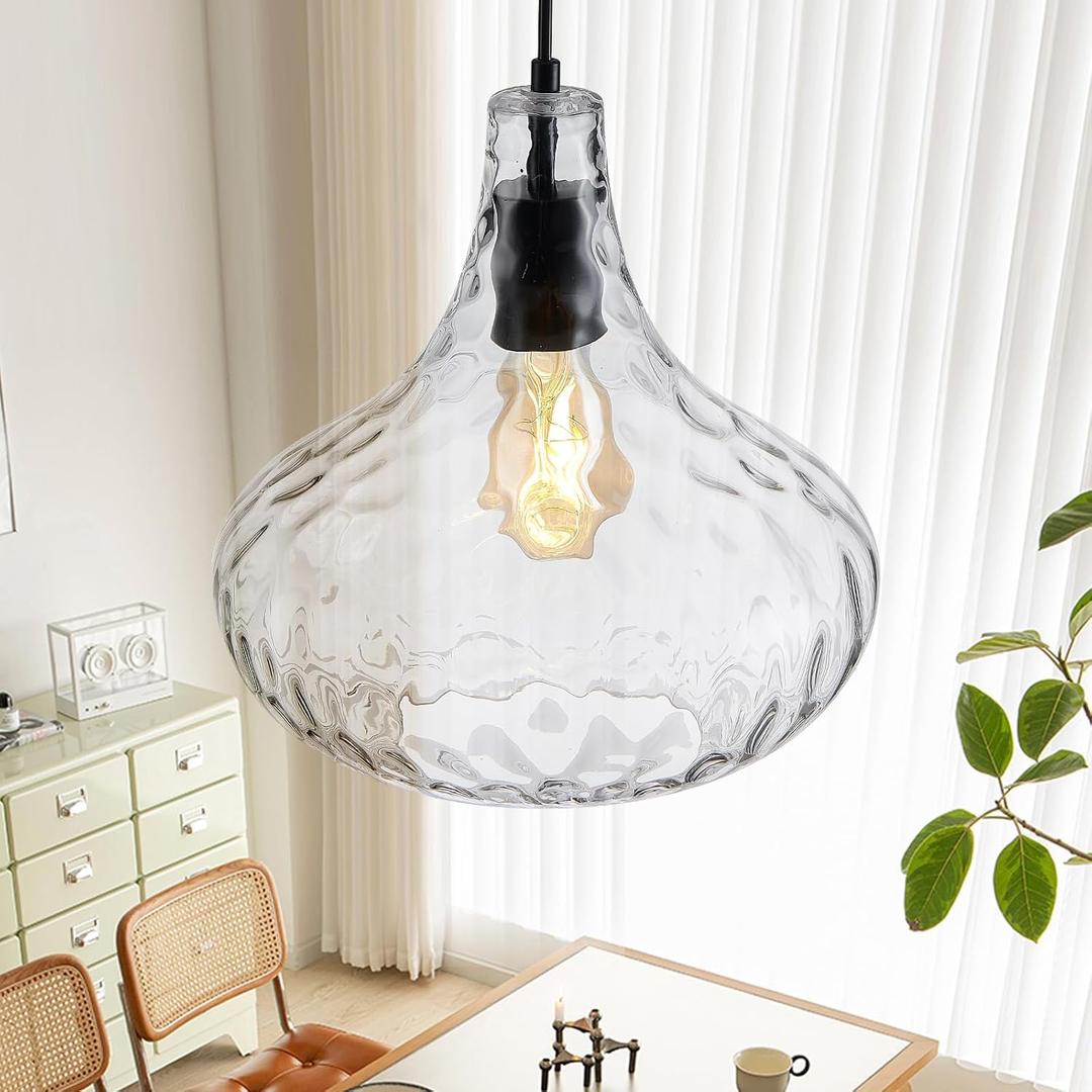 11 Inch Kitchen Island Pendant Light Blown Glass Hammered Shade & Black Finish Modern Hanging Ceiling Light for Dining Room, Sink, Hallway, Living Room E26 Base