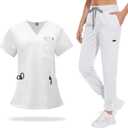 VIAOLI Scrubs for Women Set V-Neck Top and 8 Pocket Jogger Scrub Pant - Medical Uniform Nursing Scrub Set (Medium, White)