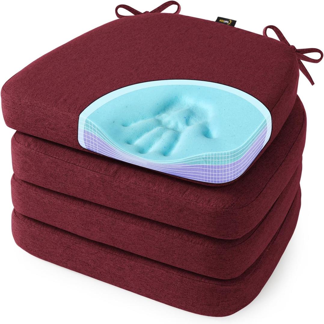 SUNROX Cooling Gel Memory Foam Chair Cushions, 2.6" Thick U-Shaped Dual-Layer Comfort Dining Chair Pads, Non Slip Seat Cushion with Ties for Indoor Kitchen Office 17"x16" Set of 4, Burgundy, 16x17 Inch