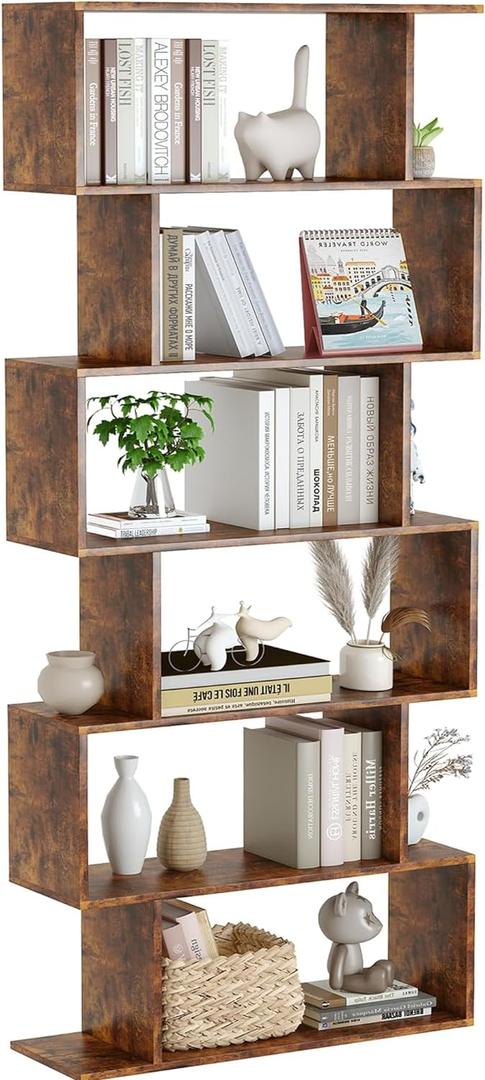 Yusong Geometric Bookcase, Bookshelf 6-Tier S Shaped Book Shelves for Bedroom, Modern Wood Decorative Display Shelf Tall Book Case for Home Office, Rustic Brown, 27.8"W x 9.4"D x 74"H