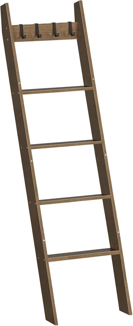 HOOBRO Blanket Ladder for Living Room and Bedroom, 5-Tier Wall Leaning Towel Rack for Bathroom, Decorative Ladder Shelf with 4 Removable Hooks, Farmhouse Blanket Storage, Mocha MA51CJ01G1