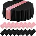 Tudomro 16 Pcs Black and Rose Gold Round Plastic Tablecloth and Satin Table Runner Set 84 Inch Round Covers 12 x 108 Inch Table Runners for Christmas Wedding Birthday Party Baby Shower