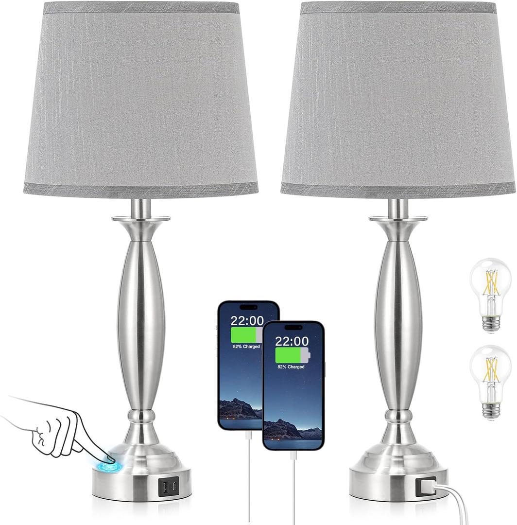 Seealle Touch Bedside Lamps for Nightstand Set of 2 - Bedroom Lamps with USB C+A, 3 Way Dimmable Nightstand Lamps, Brushed Nickel Table Lamps for Living Room (Bulbs Included)
