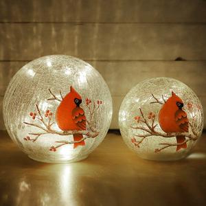 Crackle Glass Cardinal Lamp Battery Operated Globe Lamp for Women Stylish Cardinal Decor Ornaments Red Bird Pattern Stained Glass Mother's Day Gifts 2 Pack (6in & 5 in) (No Timer)