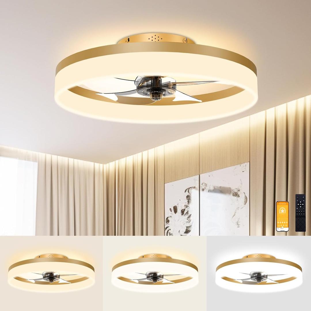 VOLISUN Low Profile Ceiling Fans with Lights and Remote, 19.7in Fandelier Ceiling Fan Flush Mount, 3000K-6500K Smart Bladeless LED Fan Light, Gold Modern Ceiling Fans with Lights for Bedroom VOLISUN Low Profile Ceiling Fans with Lights and Remote, 19.7in Fandelier Ceiling Fan Flush Mount, 3000K-6500K Smart Bladeless LED Fan Light, Gold Modern Ceiling Fans with Lights for Bedroom