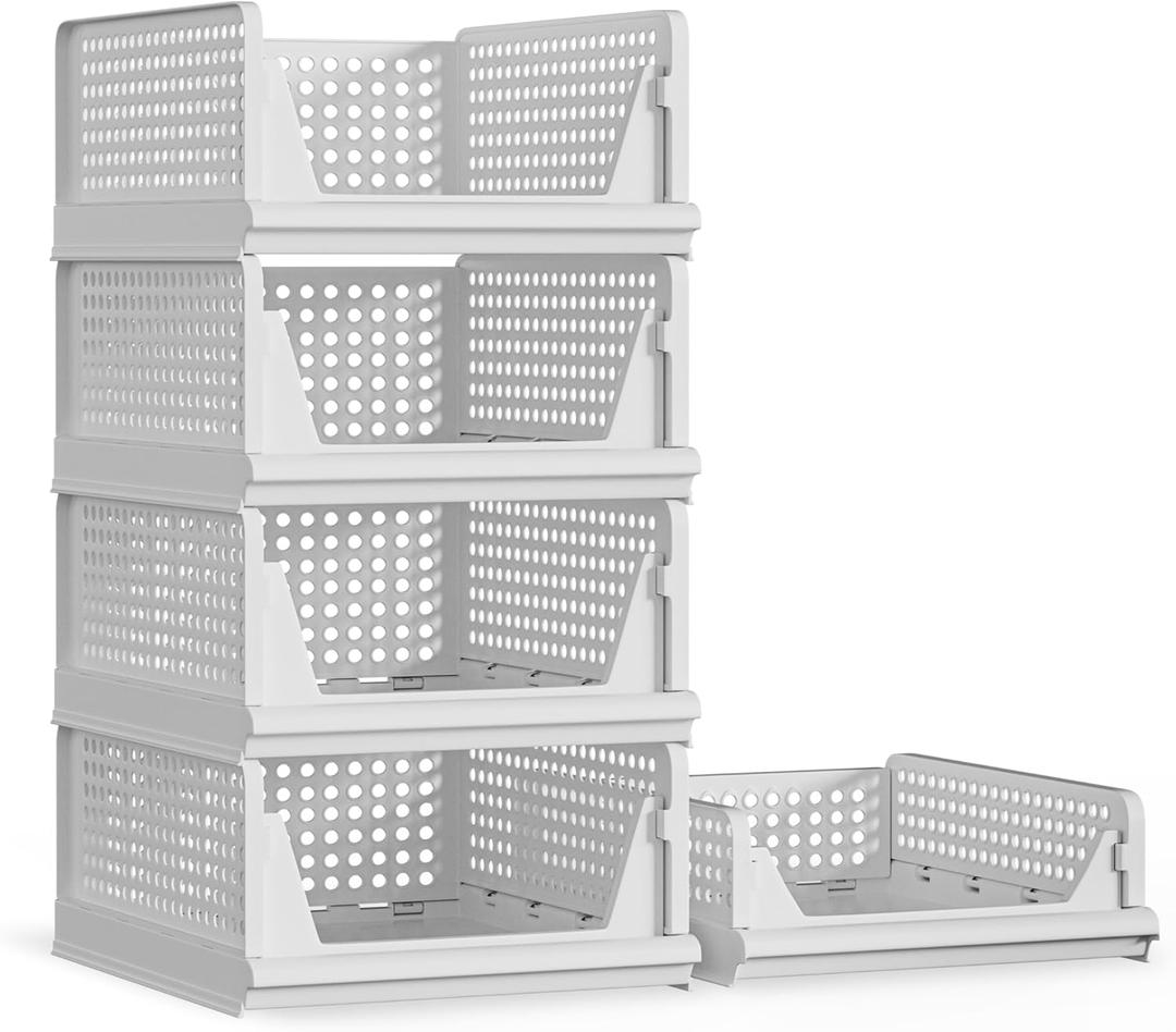 Proarea 5 Pack Stackable Plastic Storage Basket Closet Organizer Bin Foldable Clothes Organizer Storage Drawer Shelf Container for Living room Bathroom Kitchen Office (4L+1S) (White)