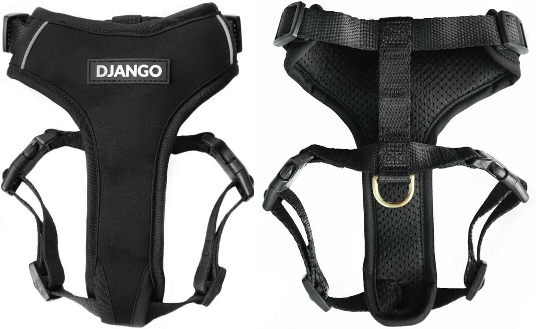 DJANGO Adventure Dog Harness - Stylish and Comfortable Small Dog Harness for Outdoor Adventures and Everyday Wear - Black Neoprene Adjustable Harness for Dogs with Reflective Piping and Brass D-Ring