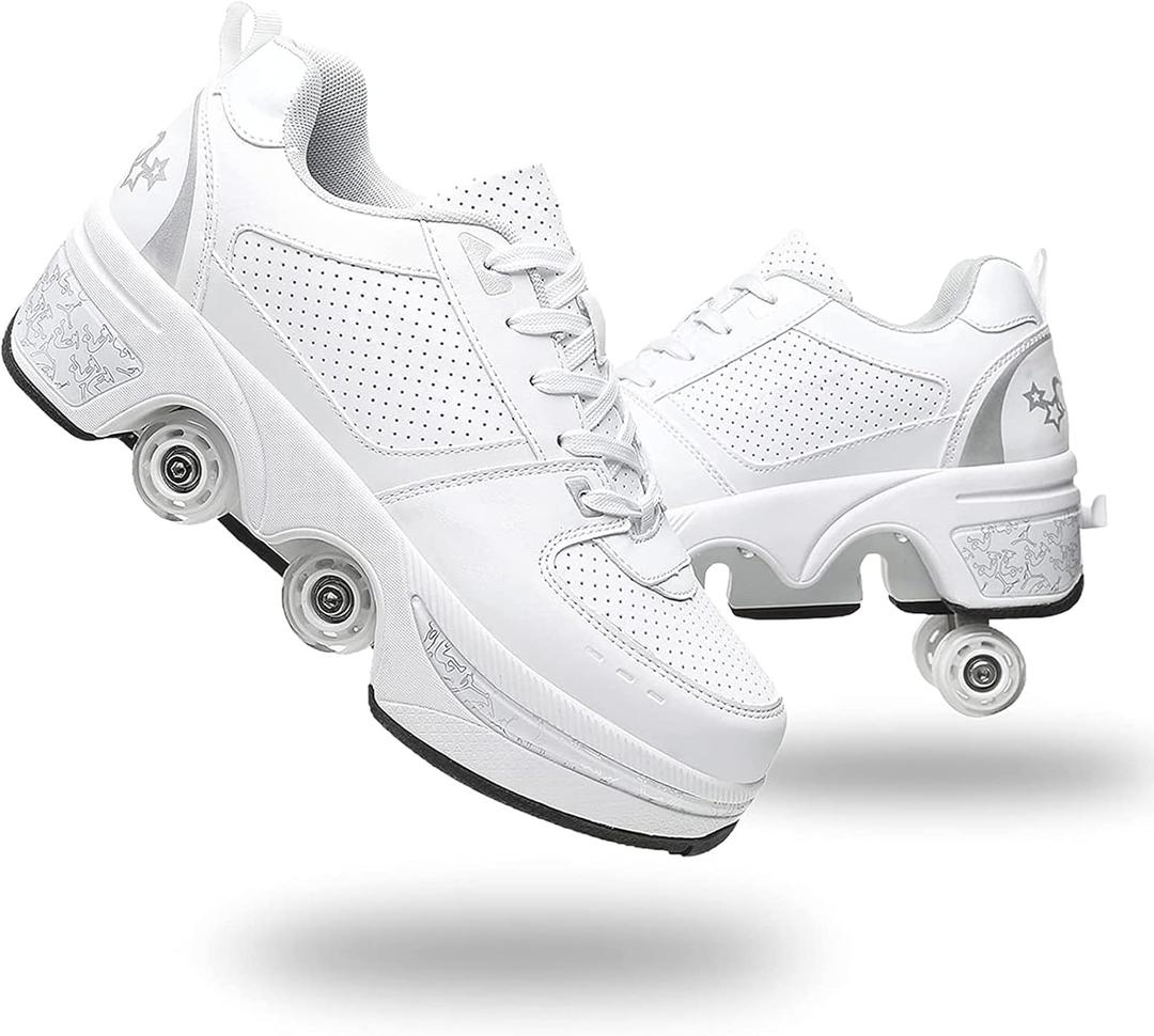 Double-Row Deform Wheel Automatic Walking Shoes Invisible Deformation Roller Skate 2 in 1 Removable Pulley Skates Skating Parkour (5, White Silver)