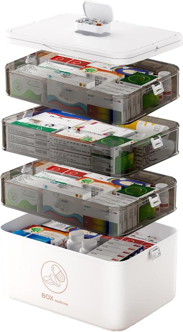 JWShang Medicine Organizer with Pill Box and Handle, Portable Large Capacity Medicine Storage Organizer with Moisture-Proof, Empty First Aid Box for Home, Dorm, Office, Travel (4-Tier)
