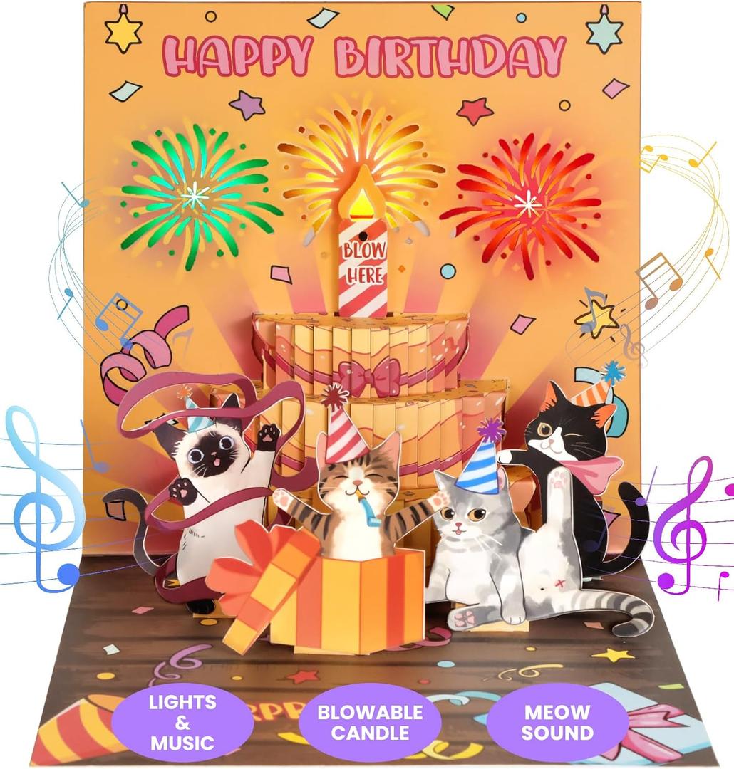 Meow Song Musical Birthday Card - DIY Age & Blowable Candle & Colorful Lights Birthday Pop Up Card 3D Cute Funny Cat, Surprise Gifts for Girl Boy Kids Women Cat Lover with Envelope Blank Note