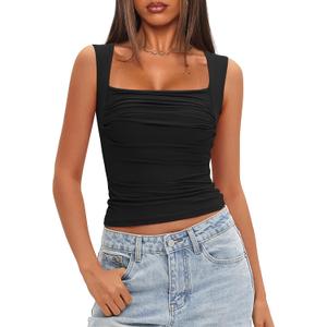 Darong Women's Padded Ruched Tank Tops Built in Bra Summer Double Lined Sleeveless Going Out Crop Tops Shirts (Medium, Black)