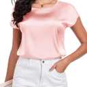 Wantschun Womens Silk Satin Shirt Casual Cap Short Sleeve Blouse Basic Round Neck Work Tops (Pink, L)