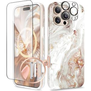 GVIEWIN for iPhone 16 Pro Max Case Compatible with MagSafe, with Screen & Lens Protectors, Military-Grade Protection Slim Marble Shockproof Magnetic Phone Case for 16 Pro Max 6.9", Pearlescent/Gold