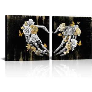 Visual Art Decor Skull Decor Heart Love Painting Gothic Wall Decor Black Gray and Gold Pictures Framed Artwork for Walls (24"x24"x2 Pieces) (Large)