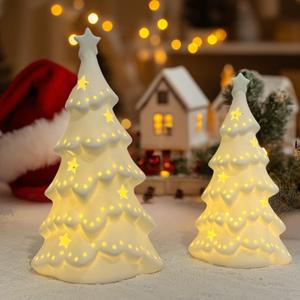 2 PCS White Ceramic Christmas Tree with Lights Ceramic Christmas Trees That Light Up for Tabletop Decor, Frosted Xmas Tree Set Elegant Christmas Tree for Home, Gift & Winter Village (7.68'' & 6.3'')