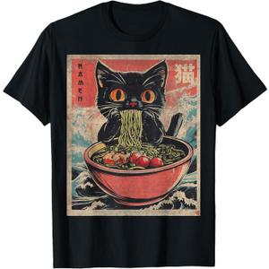 Anime Shirt For Men Women Kids Cat Ramen Noodles Unisex Anime Cat Ramen Japanese Funny Graphic Tees Kawaii Cat Anime Gifts TShirt Black S