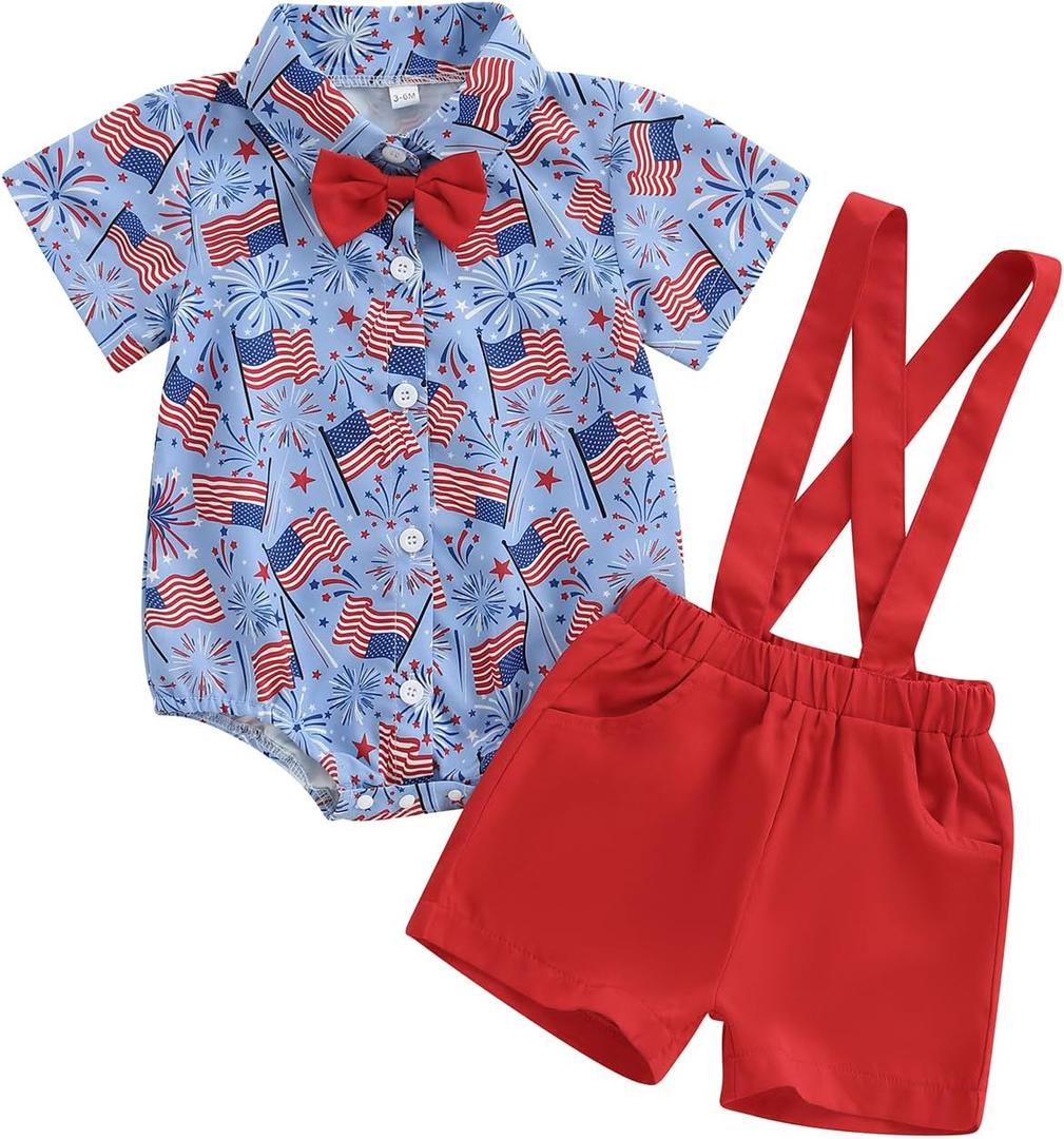 4th of July Baby Boy Outfit Newborn Infant Button Down Shirt Romper Top Shorts Gentleman Fourth Of July Clothes (6-12 Months, Blue)