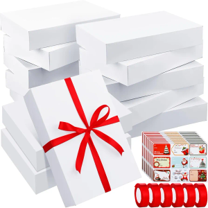Qeeenar 48 Pack Extra Large Gift Boxes with Lids Set, 6 Rolls Red Wrap Tape, 90 Paper Tag Stickers, Clothes Shirt Boxes for Presents Holidays Birthday (Classic,17 x 11 x 4'')