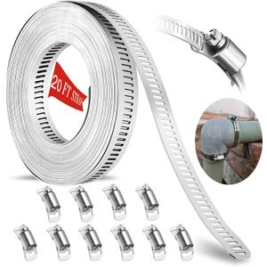Hose Clamps 20FT Strap+10 Fasteners,DIY Cut-To-Fit 304 Stainless Steel Adjustable Large Worm Gear Band Clamp Assortment Kit,Metal Screw Fasteners and Strapping for Pipe,Duct,Pole,Tube