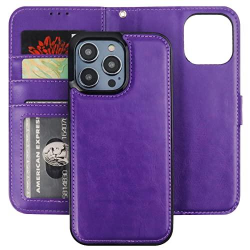 Bocasal Detachable Wallet Case for iPhone 14 Pro Max RFID Blocking Card Slots Holder Premium PU Leather Magnetic Kickstand Shockproof Wrist Strap Removable Flip Protective Cover 5G 6.7 inch (Purple)