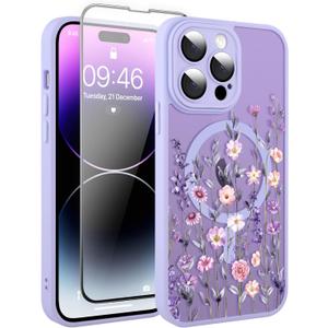 Upgraded Magnetic for iPhone 14 Pro Max Case 6.7" with Screen Protector [Compatible with MagSafe] Pretty Flower Floral Pattern Design, Shockproof Cover for Women Girls, Purple (Purple-updated model)