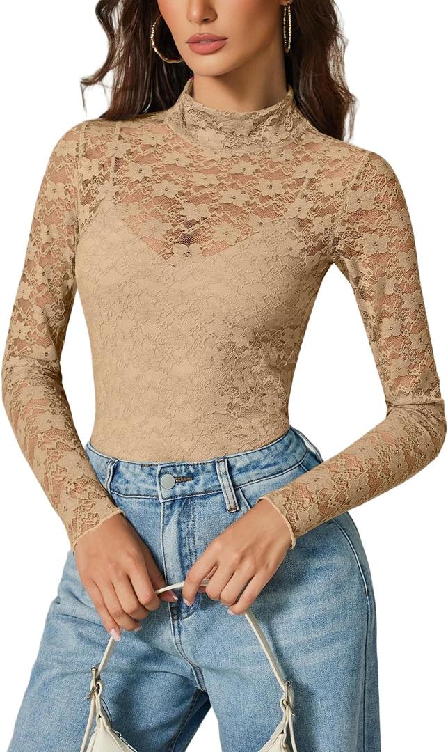 Avidlove Womens Long Sleeve Bodysuit Lace Tops Turtle Neck Shapewear Body Suits Going Out Top Fall Outfits Two Piece Set (Small, Champagne)