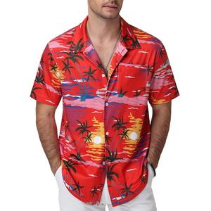 SEAOYOZO Men's Hawaiian Shirt Short Sleeve Tropical Button Down Floral Vacation Beach Shirts Wrinkle Free Stretchy Breathable Sunset Palm Red Print XL