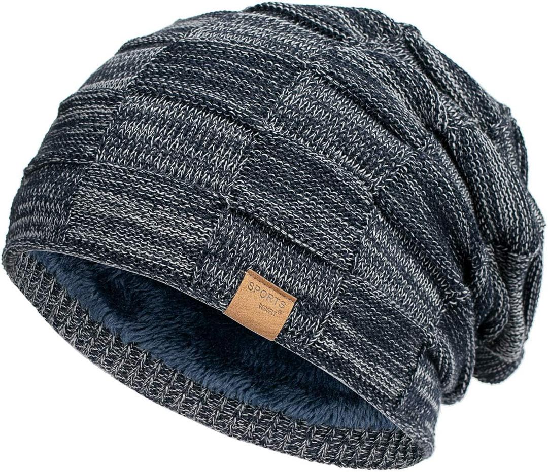 Vgogfly Slouchy Beanie for Men Winter Hats for Guys Cool Beanies Mens Lined Knit Warm Thick Skully Stocking Binie Hat (Navy)