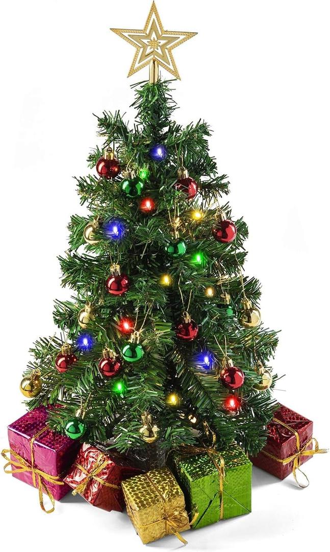 PREXTEX 23Inch DIY Mini Christmas Tree with Lights  Small Christmas Decorations Table Top Xmas Tree with Multicolor LED String Lights, Star Topper, Hanging Ornaments and Gift Boxes for Holiday Decor