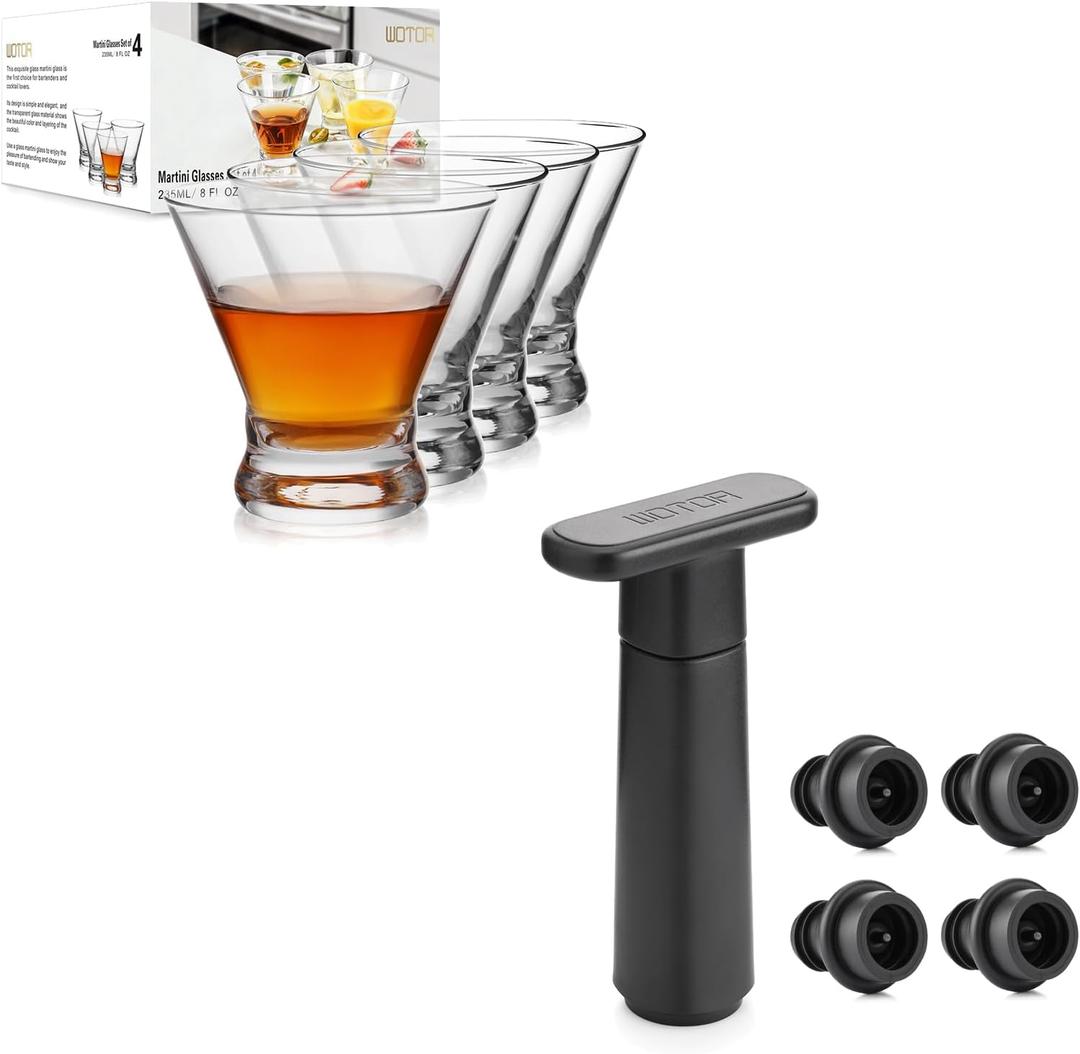 WOTOR Wine Saver Vacuum Pump with 4 Stoppers, Wine Stopper, Wine Preserver, Reusable Bottle Sealer Keeps Wine Fresh, Ideal Wine Accessories Gift