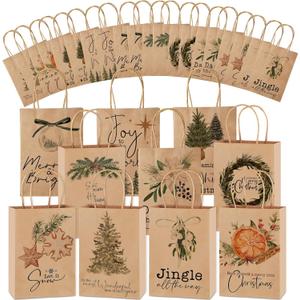 Tenceur 20 Pcs Christmas Gift Bags Bulk with Handles Reusable Kraft, Holiday Vintage Small Paper Christmas Bags for Gifts for Xmas Stuffer Candy Present Wrapping, 8.27 x 5.91 x 3.15 Inches (Brown)