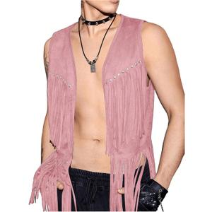 Verdusa Men's Sleeveless V Neck Studded Detail Fringe Trim Open Front Vest Jacket (X-Large, Pink)