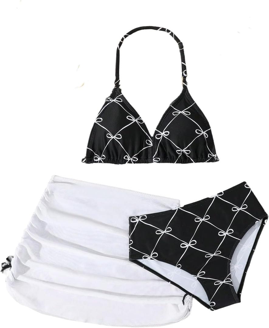 Verdusa Girl's 3 Piece Cute Bow Bikini Set Halter Triangle High Waisted Bathing Suit with Cover Up (Black, 11 Years)