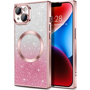 Hython for iPhone 14 Case Clear Magnetic Glitter Phone Cases [Compatible with MagSafe] Full Camera Lens Protector Gradient Sparkle Luxury Plating Shockproof Protective Cover Women, Straight/Pink