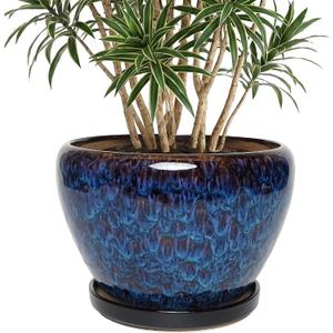 10.6 Inch Ceramic Planter with Saucer for Indoor Plants (Speckled Blue)