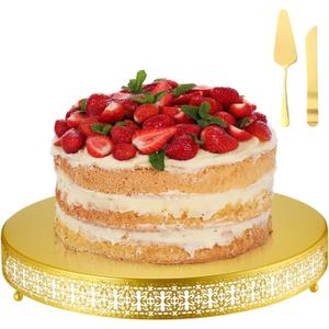 Wenqik Gold Cake Stand 18 Inch Metal Round Cupcake Dessert Stand with Cake Cutting, Spatula Xmas Cupcake Pastry Display Candy Holder Display for Wedding Birthday Party
