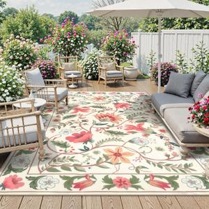 Uphome Indoor Outdoor Area Rug 8x10 ft, Large Floral Patio Rugs for RV Camping Outside, Washable Living Room Mat Non Slip, Breathable Floor Carpet for Bedroom Deck Porch Backyard, Beige