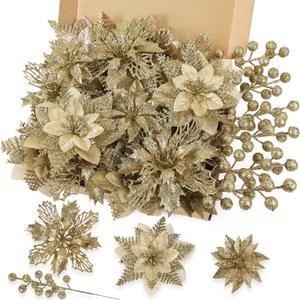 N&T NIETING 24 Pcs Christmas Poinsettia Artificial Flowers & Glitter Berries Stems Kit Christmas Floral Picks Christmas Tree Garland Wreath Filler Ornaments for Home Party Xmas Decor, Gold