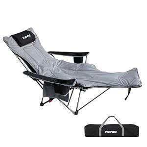 POEPORE Reclining Camping Chair with Removable Footrest Lounge Chair with Headrest, Cotton Cushion, Portable Adjustable Folding Chairs for Adults Black, Size 90*8*20cm