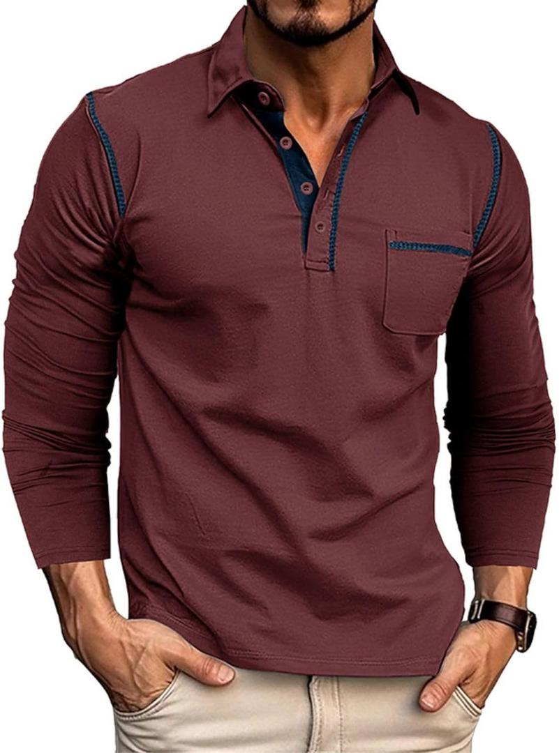 Men's Casual Polo Shirts Classic Long Sleeve Basic Button T-Shirt Lightweight Cotton Golf Tops with Pocket Size XL