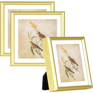 3x3 Picture Frame Set of 3, Gold Aluminum Metal Square Photo Frame with HD Glass, Fits 2x2 with Mat or 3 x 3 without Mat, Display For Tabletop or Wall Collage
