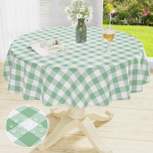 misaya Round Waterproof Vinyl Table Cloth, Buffalo Flannel Backed Tablecloth, Wipeable Plastic Table Cover for Dinner, Kitchen, Outdoor (60", Sage Green and White)