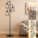 PESRAE Dimmable Industrial Floor Lamp, Farmhouse Floor Lamp Standing Lamp with 3 Elegant Teardrop Cage Heads & Included 3 x 1200LM Edison LED Bulbs, Tall Lamp for Living Room, Bedroom (Matte Black)