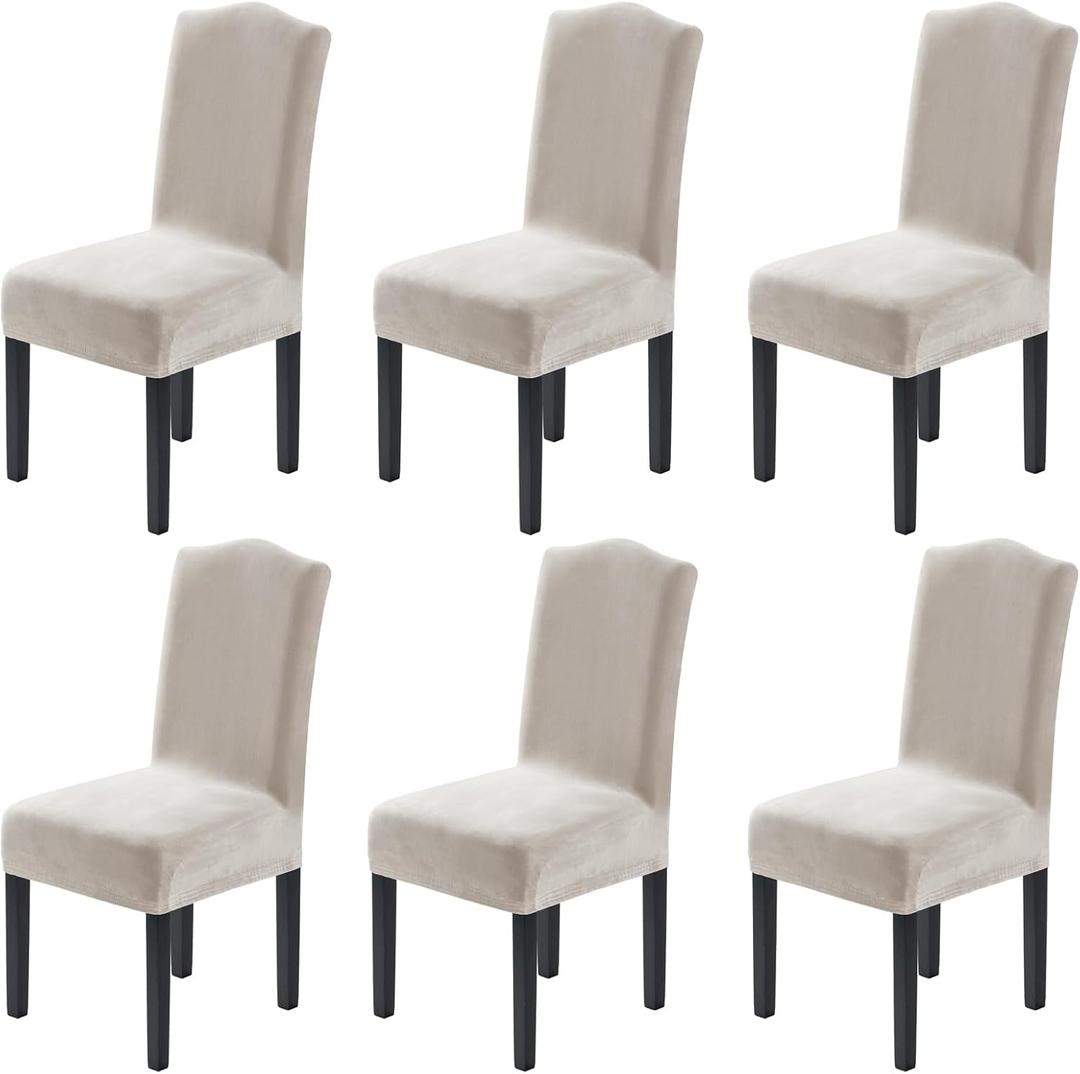 H.VERSAILTEX Velvet Dining Chair Covers Stretch Chair Covers for Dining Room Set of 6 Parson Chair Slipcovers Chair Protectors Covers Dining, Soft Thick Solid Velvet Fabric Washable, Oatmeal