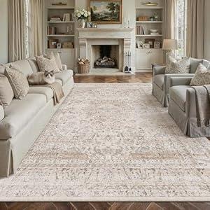 WondRg 12x15 Washable Area Rug Beige Vintage Non Slip Soft Low Pile Rug for Living Room Bedroom Dining Room Office Distressed Oriental Indoor Extra Large Throw Carpet for Home Decor